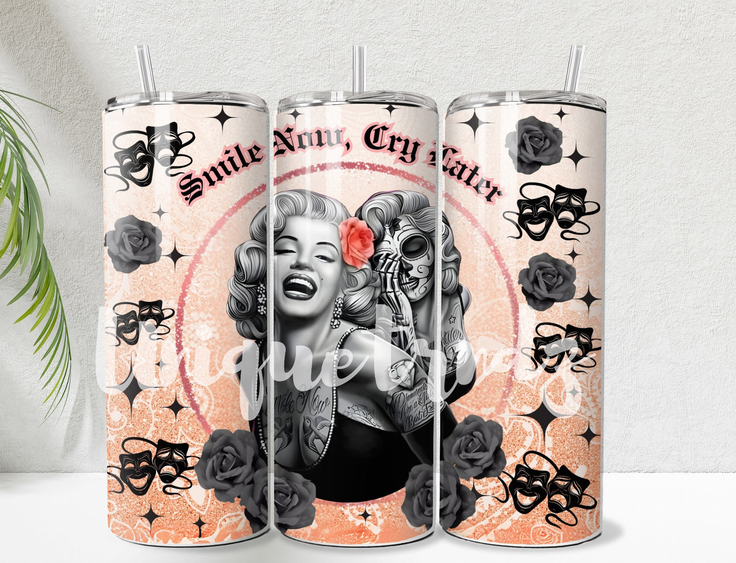 Marilyn Monroe Smile now Cry Later Beige Glitter 20oz Tumbler