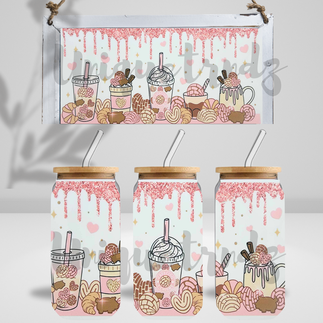 Cafecito y Chisme Pink Glitter 16oz Glass Cup