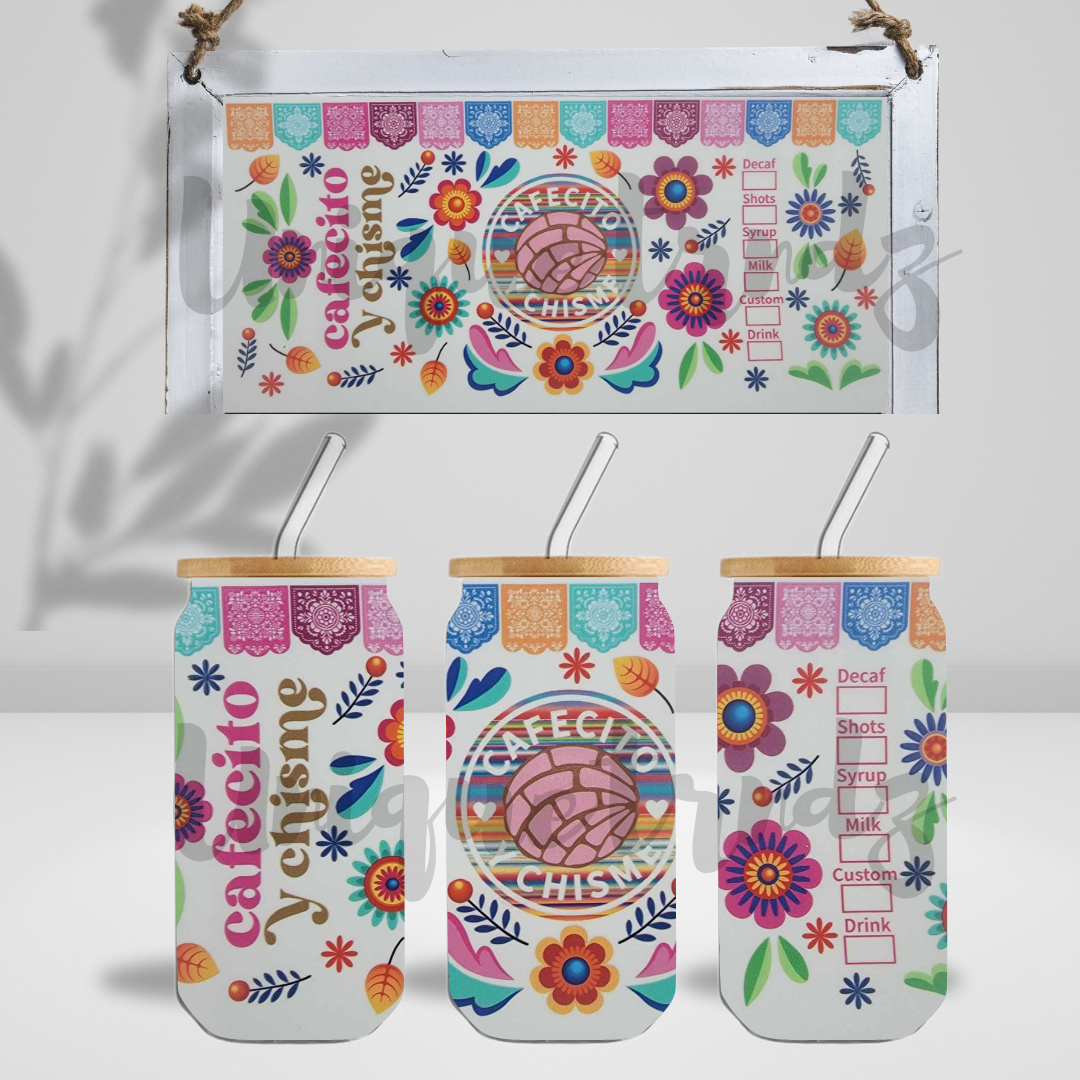 Cafecito y Chisme Mexican Multicolor 16oz Glass Cup