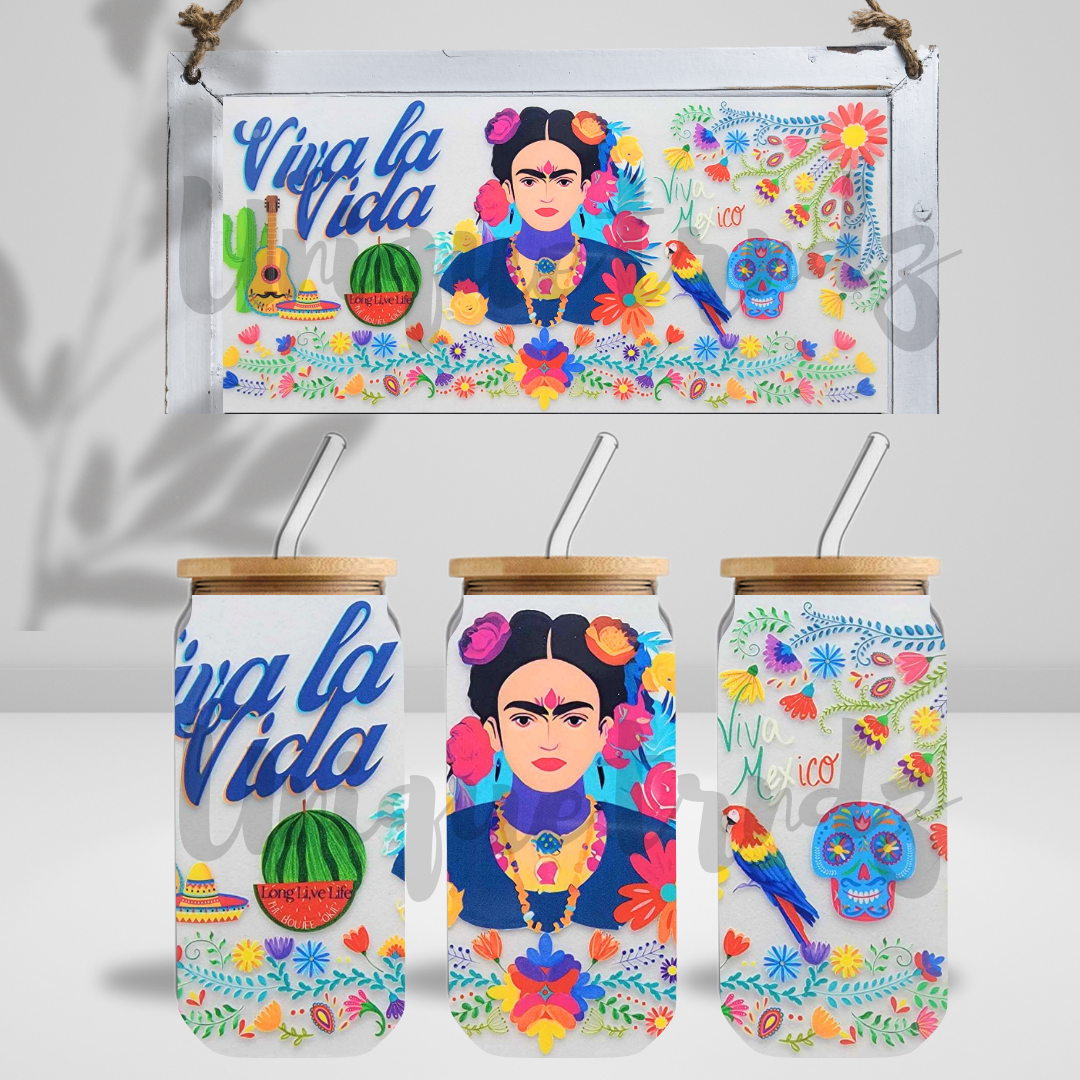 Mexican Frida Viva La Vida 16oz Glass Cup