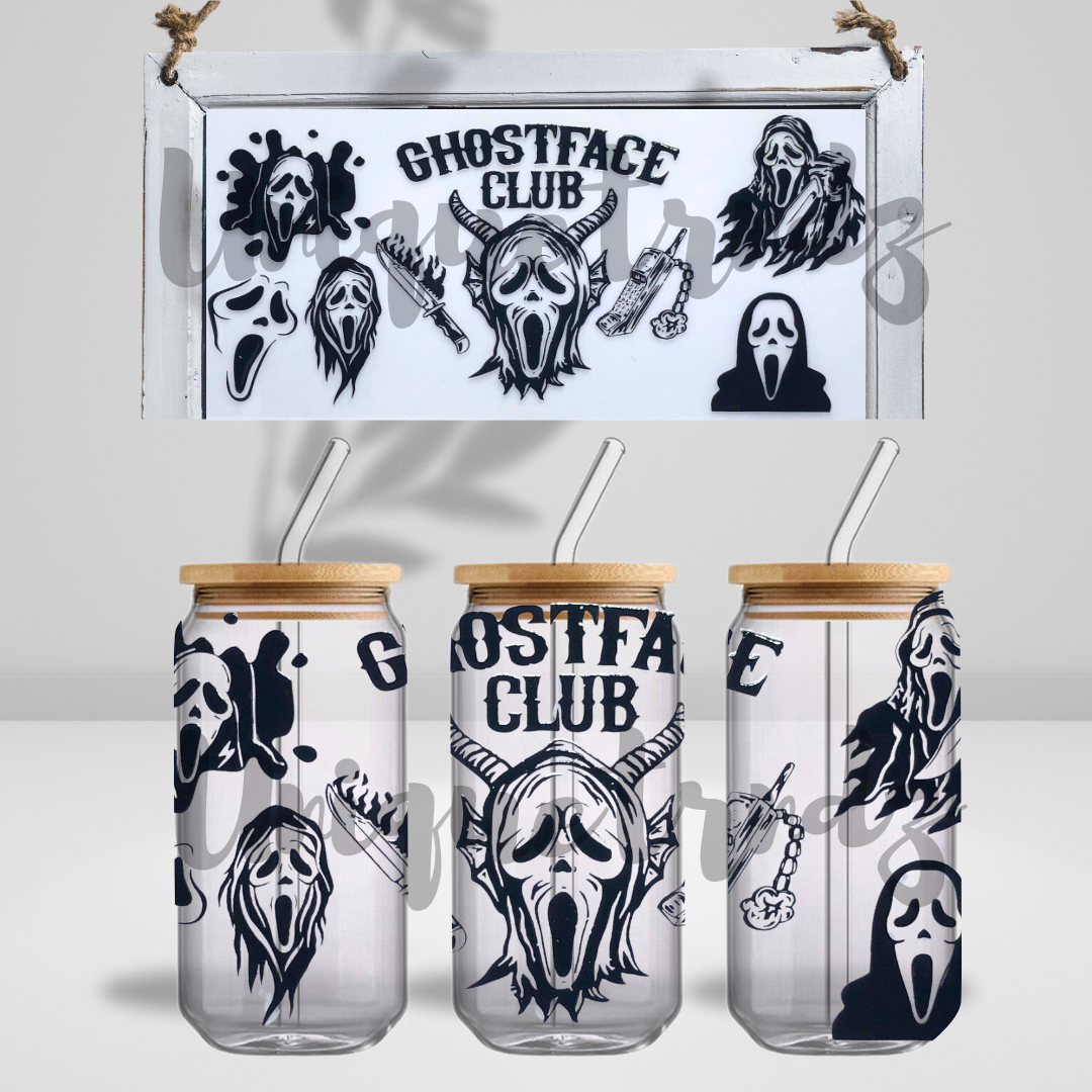 Horror Movie Ghost Killer Club 16oz Glass Cup
