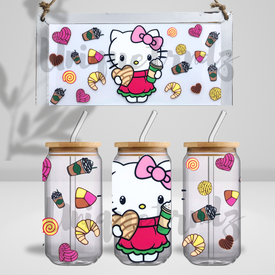 Kitty with Pan Dulce and Conchas 16oz Glass Cup