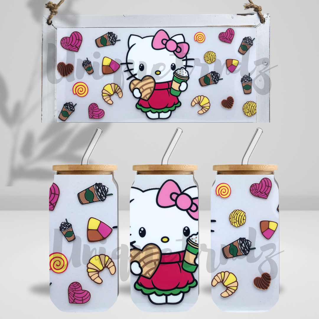 Kitty with Pan Dulce and Conchas 16oz Glass Cup