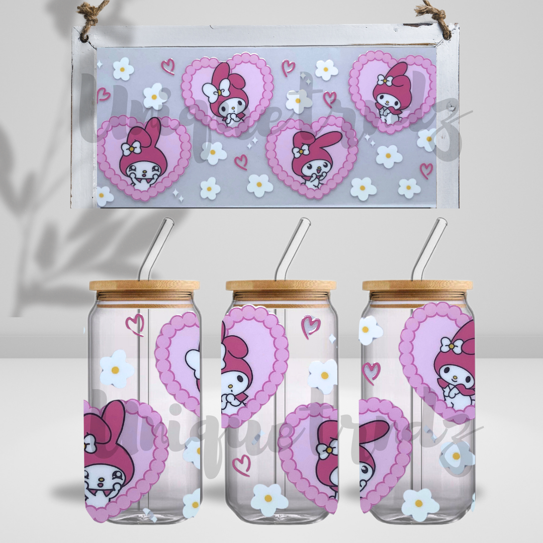 Kitty Rabbit Friend in Hearts 16oz Glass Cup