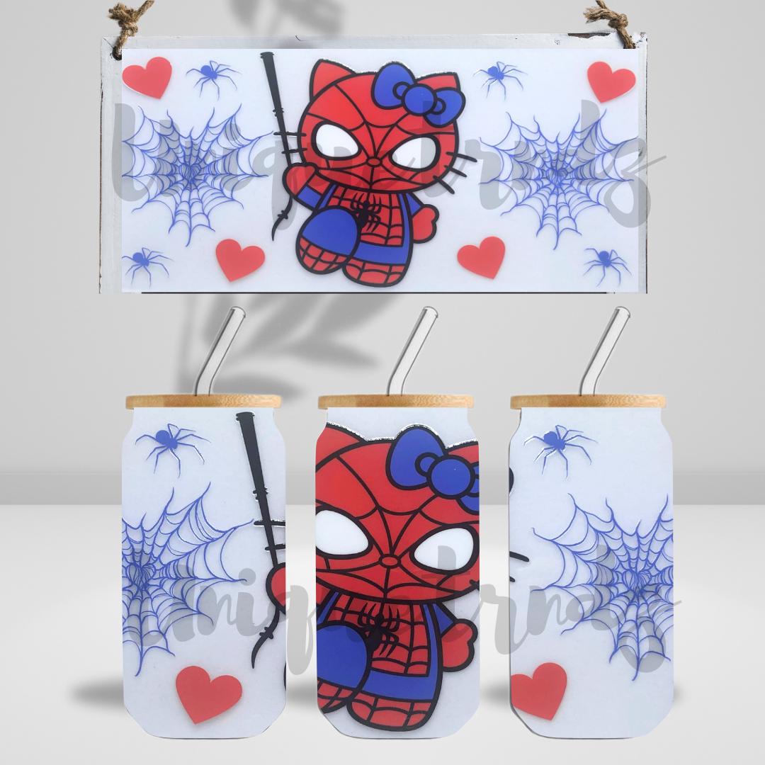 Kitty in Spider Gear with Webs and Hearts 16oz Glass Cup