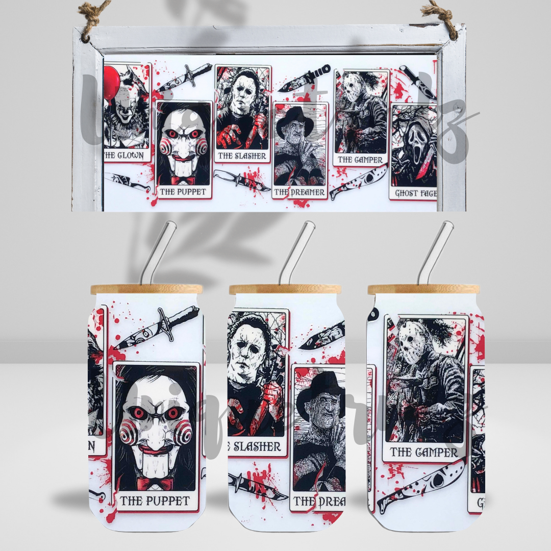 Horror Movie Killers in Tarot Cards in Blk/Wht 16oz Glass Cup