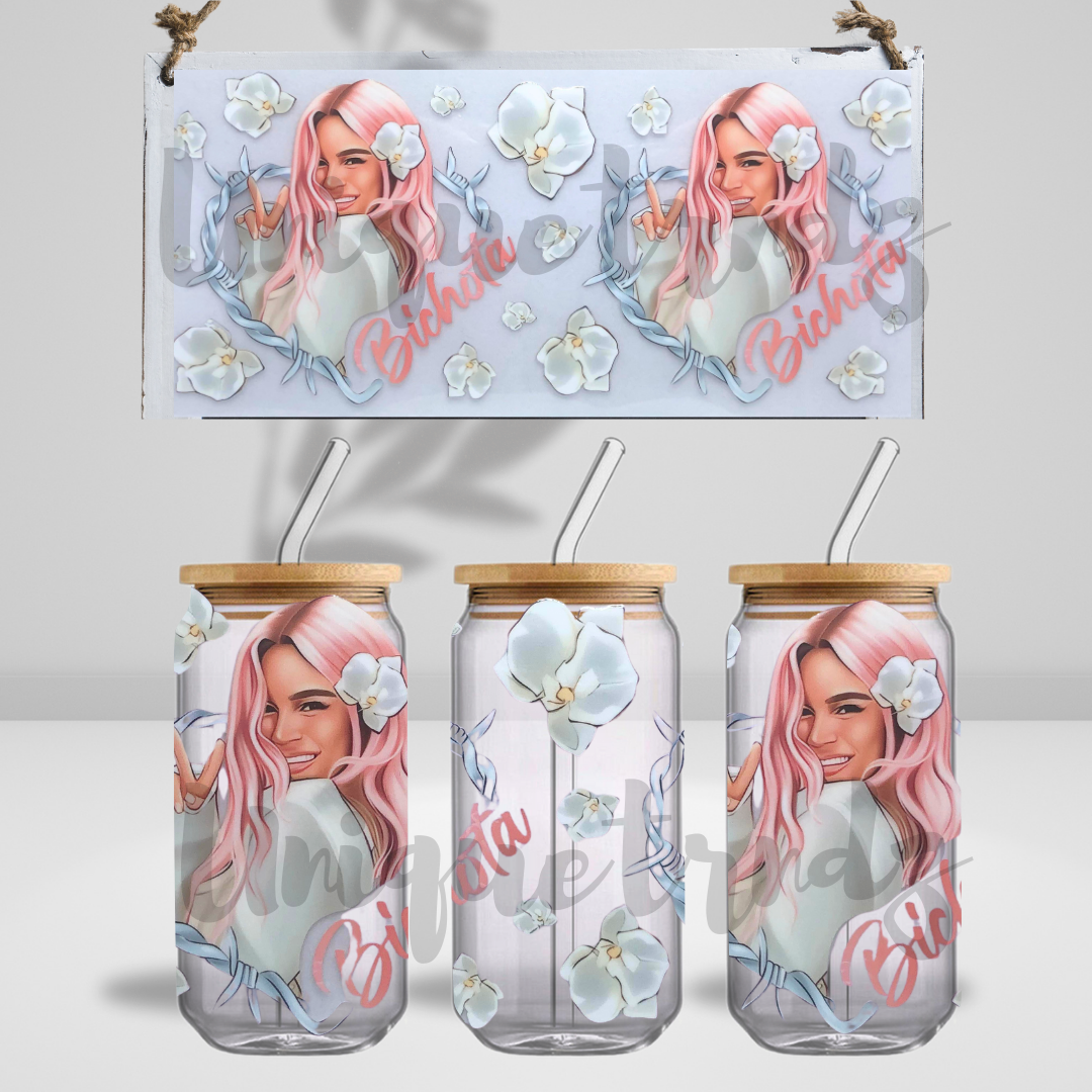 B*chota Cute face with Floral 16oz Glass Cup