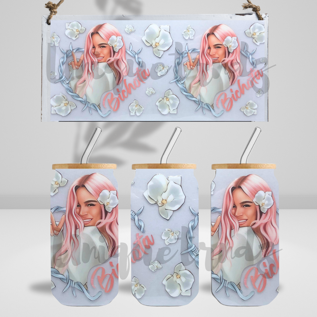 B*chota Cute face with Floral 16oz Glass Cup