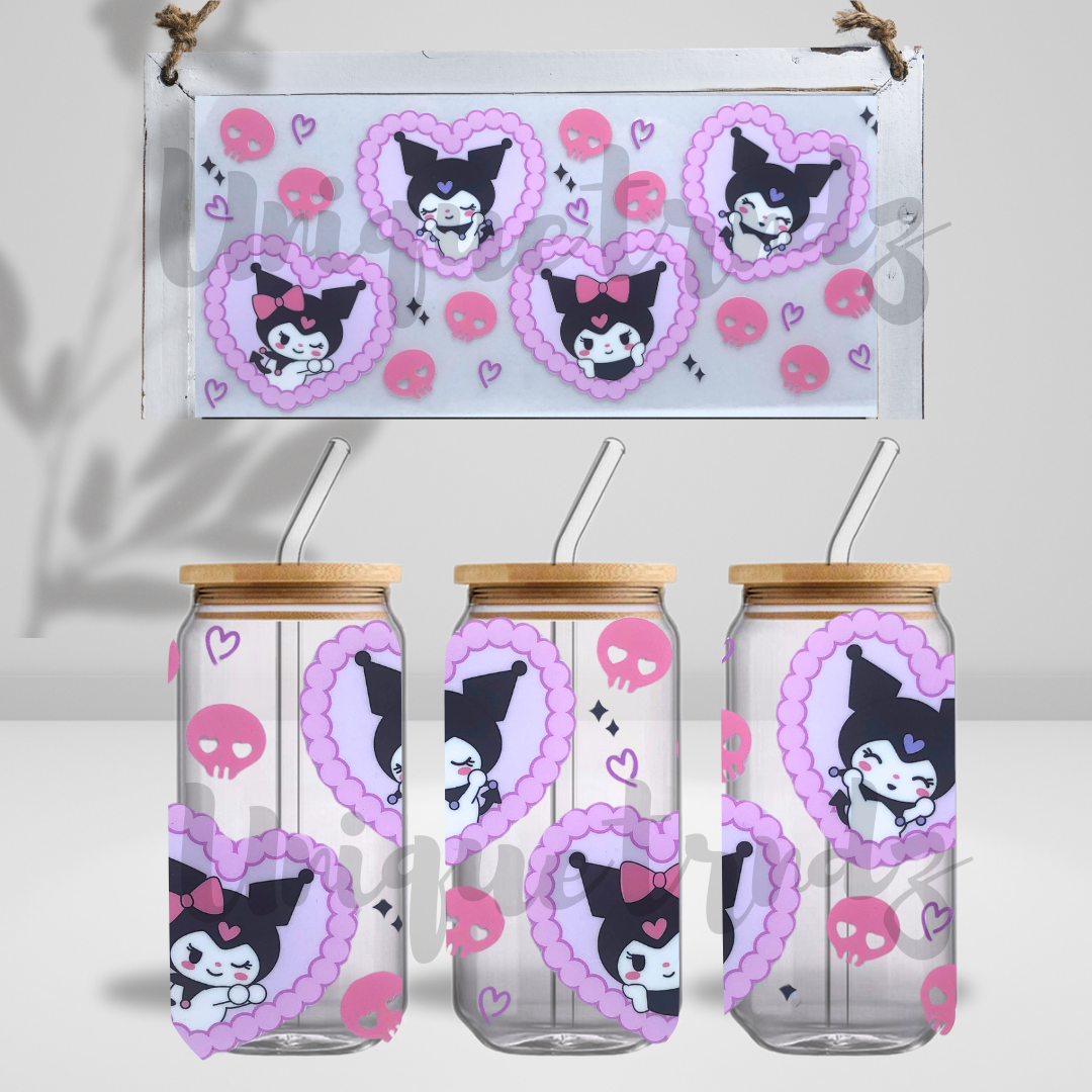 Kitty Friend Black Rabbit with Hearts 16oz Glass Cup