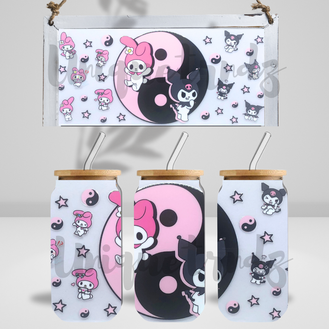 Kitty and Friends Ying and Yang 16oz Glass Cup