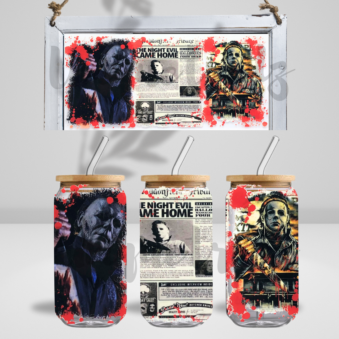 Movie Knife Killer with Story and Picture 16oz Glass Cup