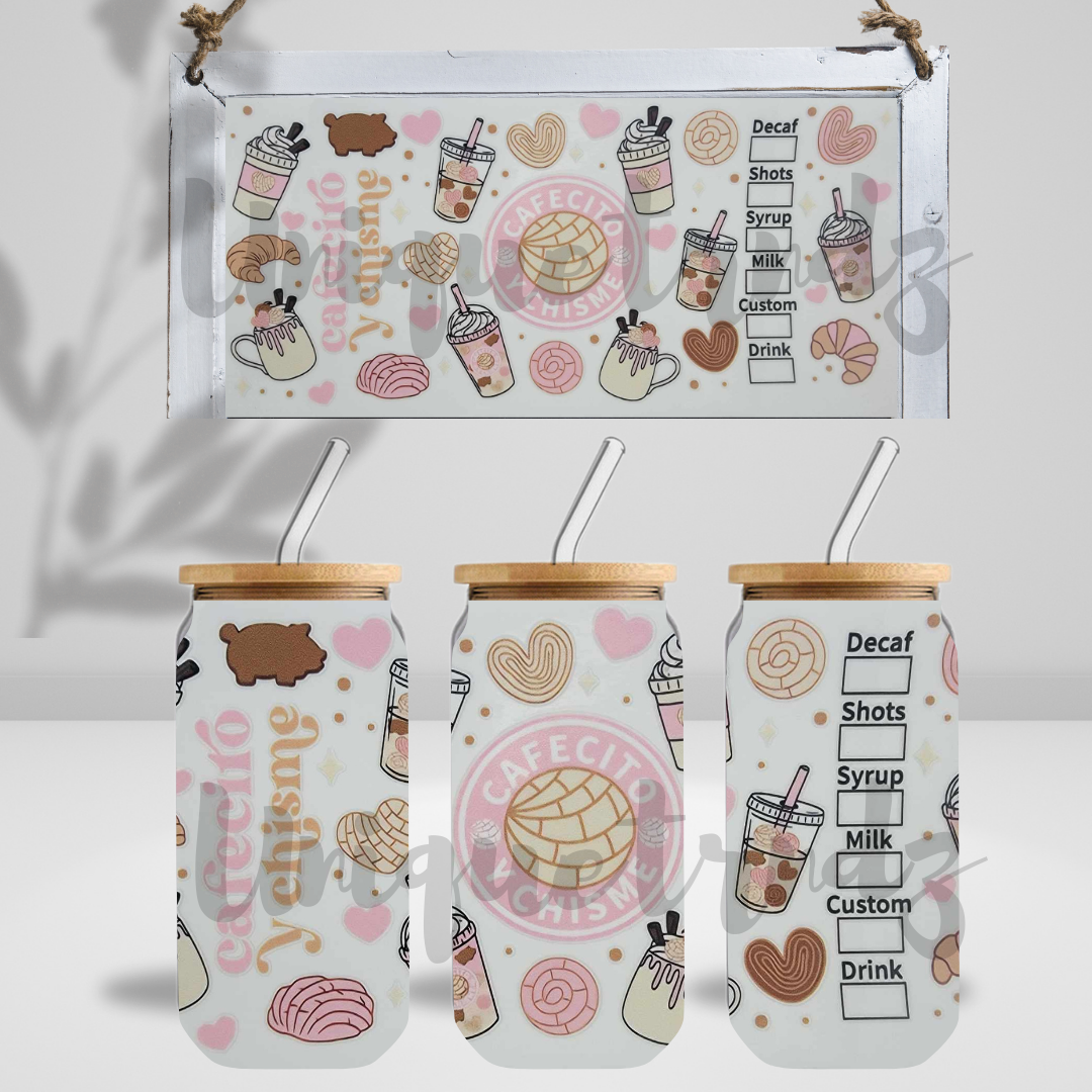 Cafecito y Chisme Pink 16oz Glass Cup