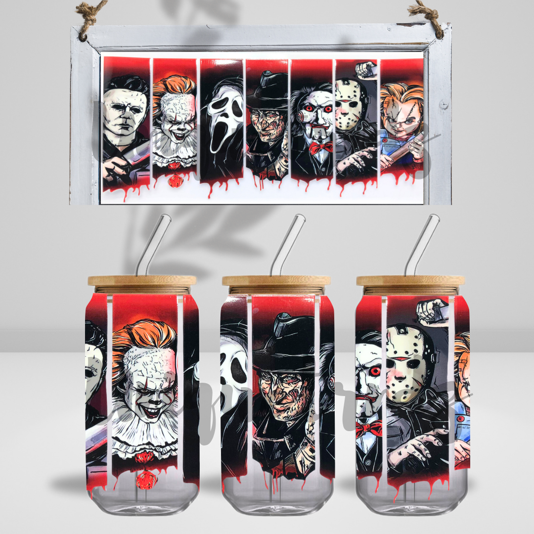 Horror Movies Killers in Red Rectangle Blood 16oz Glass Cup
