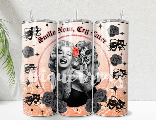 Marilyn Monroe Smile now Cry Later Beige Glitter 20oz Tumbler