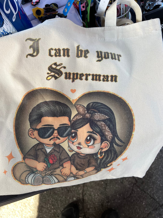 Chicano Couple Superman Canvas Tote Bag