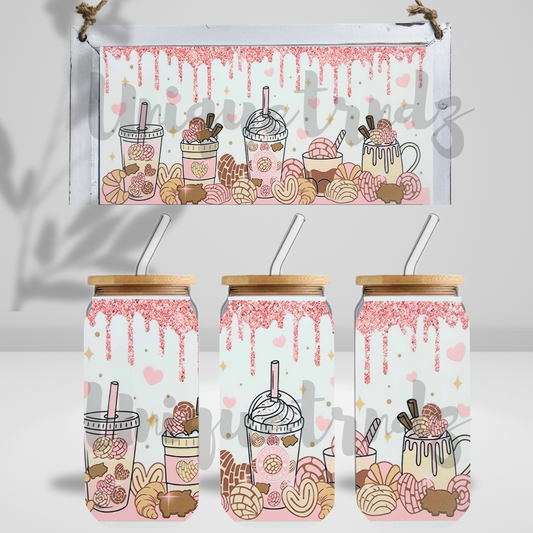 Cafecito y Chisme Pink Glitter 16oz Glass Cup