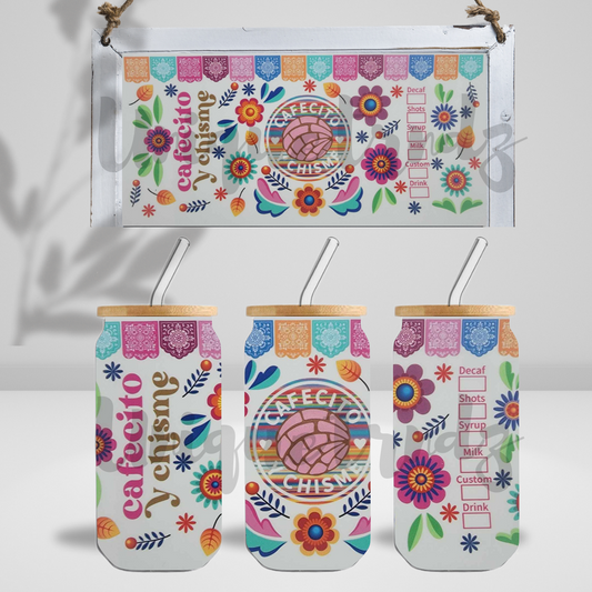 Cafecito y Chisme Mexican Multicolor 16oz Glass Cup