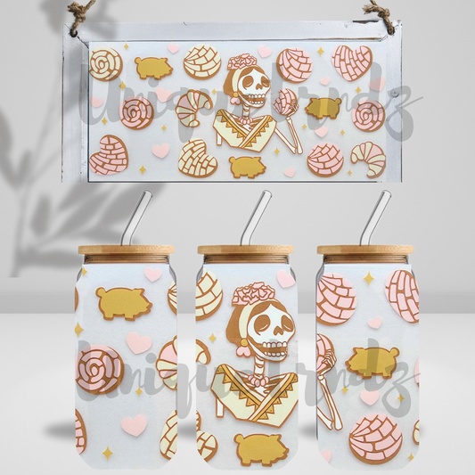 Skull Girl with Conchas 16oz Glass Cup