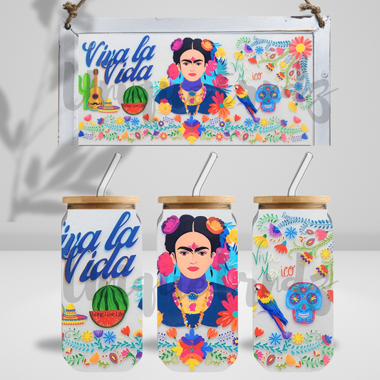 Mexican Frida Viva La Vida 16oz Glass Cup