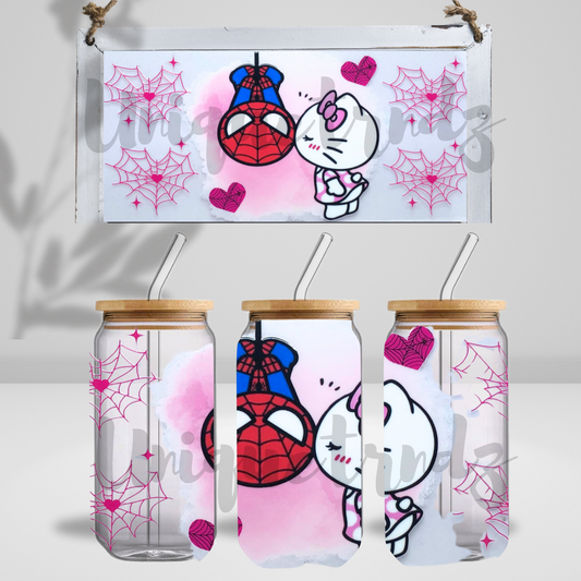 Spider and Kitty Smooching and Heart Webs 16oz Glass Cup