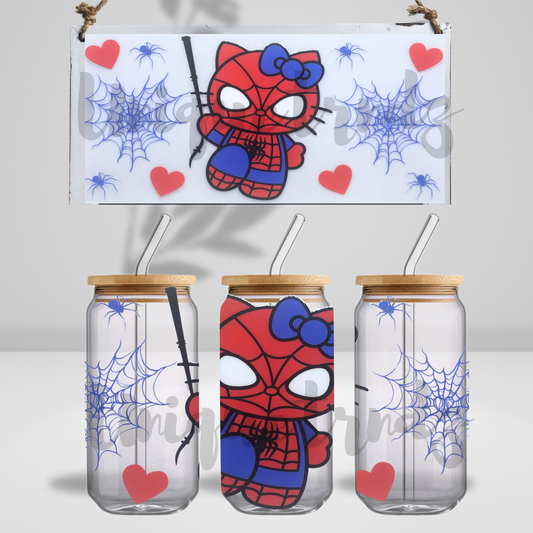 Kitty in Spider Gear with Webs and Hearts 16oz Glass Cup