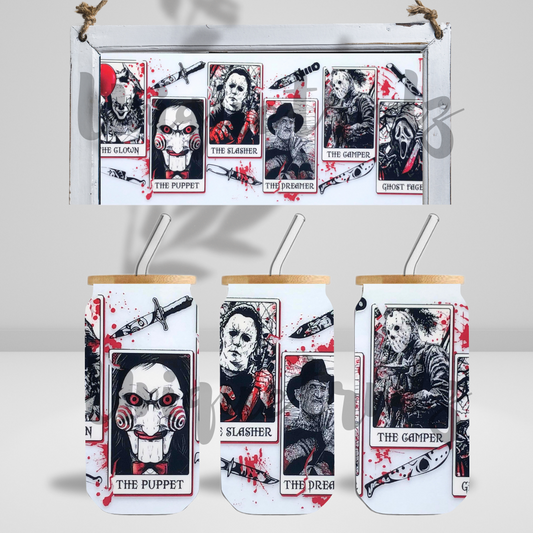 Horror Movie Killers in Tarot Cards in Blk/Wht 16oz Glass Cup
