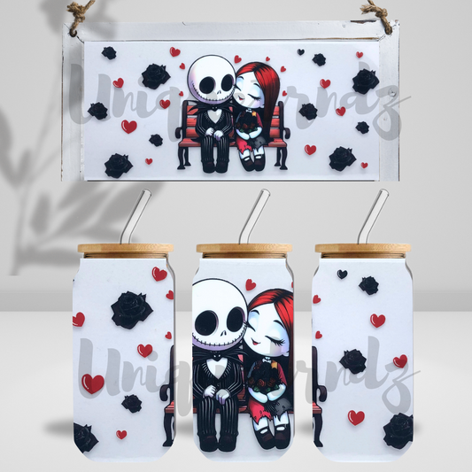 Skeleton and Girl Lovers on Bench 16oz Glass cup
