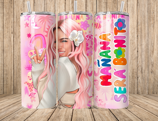 Spanish Singer Face in Pink with Floral in 20oz Tumbler