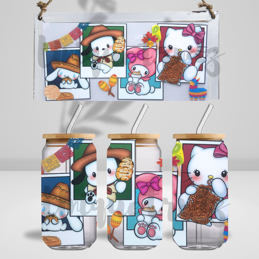 Kitty and Friends in Mexican Style Food 16oz Glass Cup