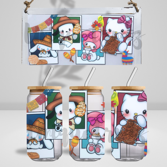 Kitty and Friends in Mexican Style Food 16oz Glass Cup