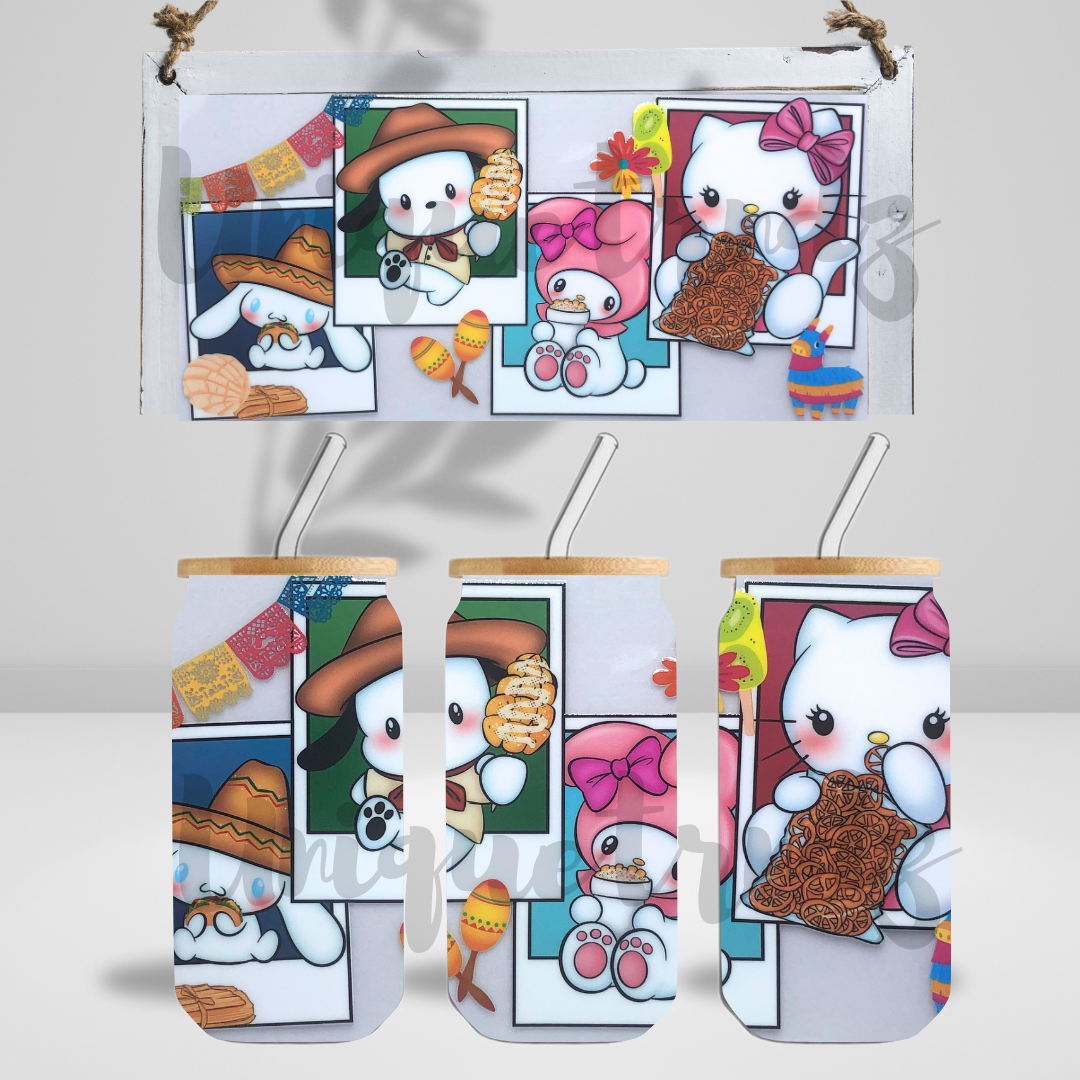 Kitty and Friends in Mexican Style Food 16oz Glass Cup