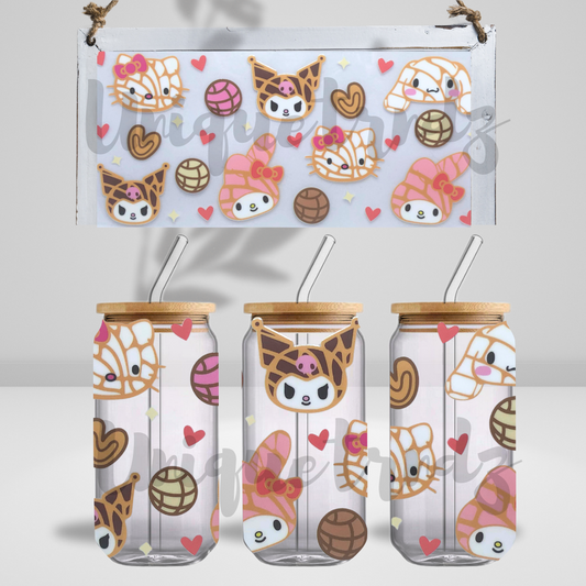 Kitty and Friends in Cochas Styles 16oz Glass Cup